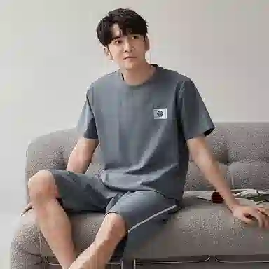 歌倩雅 撞色圆领短袖上衣中腰裤子睡衣套装 男款 蓝色