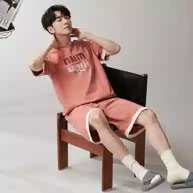 歌倩雅 休闲圆领短袖上衣松紧腰短裤睡衣套装 男款 粉色