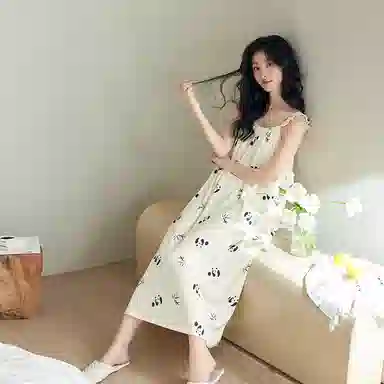 歌倩雅 凉感型薄款甜美可爱熊猫无袖睡裙 女款 白色