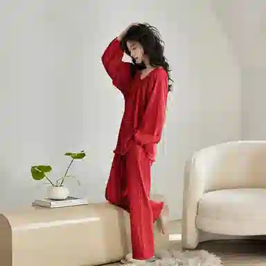 歌倩雅 休闲纯色圆领套头长袖上衣松紧腰长裤睡衣套装 女款 大红色