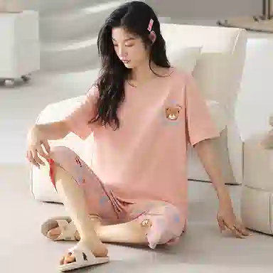 歌倩雅 纯棉短袖七分裤可爱家居服睡衣套装 女款 图色