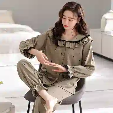 歌倩雅 慵懒风韩版长袖舒适简约长裤睡衣套装 女款 卡其色