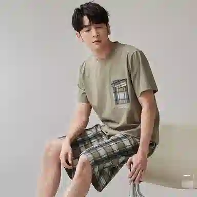 歌倩雅 圆领舒适短袖上衣亲肤柔软短裤睡衣套装 男款 抹茶色