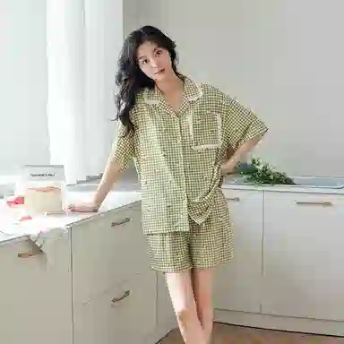 歌倩雅 清新时尚格子短袖三分裤睡衣套装 女款 绿色