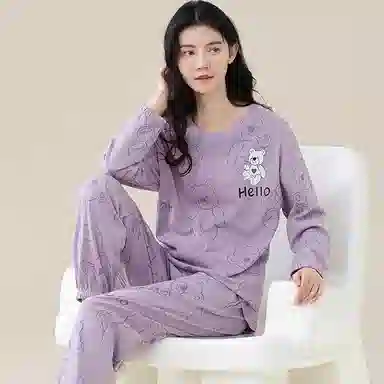 歌倩雅 卡通套头甜美休闲长袖长裤可外穿全棉睡衣套装 女款 紫色