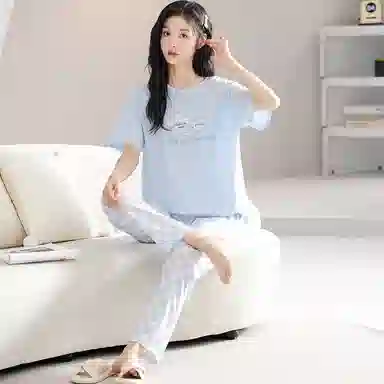 歌倩雅 圆领短袖上衣舒适可外穿长裤睡衣套装 女款 蓝色
