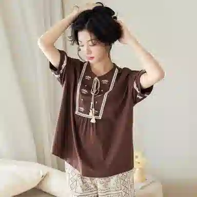 歌倩雅 纯棉薄款短袖舒适休闲短裤睡衣套装 女款 深棕色