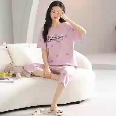 歌倩雅 纯棉圆领短袖休闲七分裤可外穿睡衣套装 女款 粉色
