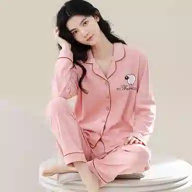 歌倩雅 开衫翻领纯色舒适长袖长裤睡衣套装 女款 粉色