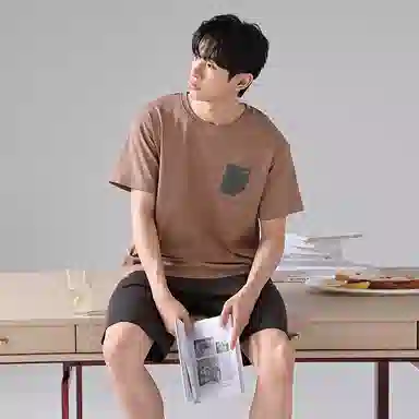 歌倩雅 纯色圆领短袖五分裤运动风睡衣套装 男款 棕色