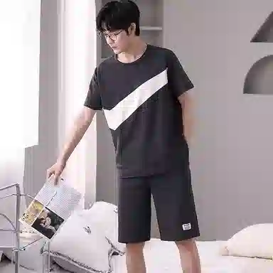 歌倩雅 圆领简约透气上衣松紧腰短裤睡衣套装 男款 黑色