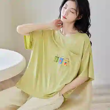 歌倩雅 薄款时尚简约圆领短袖松紧腰长裤睡衣套装 女款 淡黄