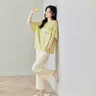 歌倩雅 薄款时尚简约圆领短袖松紧腰长裤睡衣套装 女款 淡黄