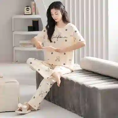 歌倩雅 套头圆领短袖透气家居服长裤睡衣套装 女款 杏色