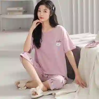 歌倩雅 圆领短袖七分裤清新套头睡衣套装 女款 粉色
