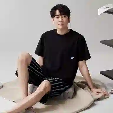 歌倩雅 圆领休闲短袖短裤家居睡衣套装 男款 黑色