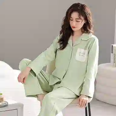 歌倩雅 简约休闲花卉口袋翻领开衫长袖长裤可外穿睡衣套装 女款 绿色