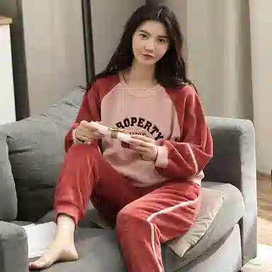 歌倩雅 珊瑚绒加绒加厚保暖法兰绒长袖长裤睡衣套装 女款 红色