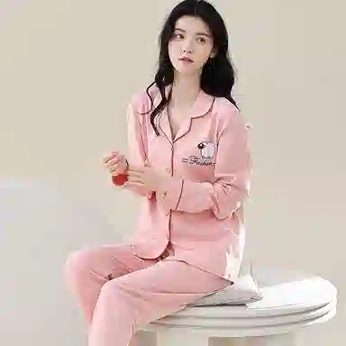 歌倩雅 开衫翻领纯色舒适长袖长裤睡衣套装 女款 粉色