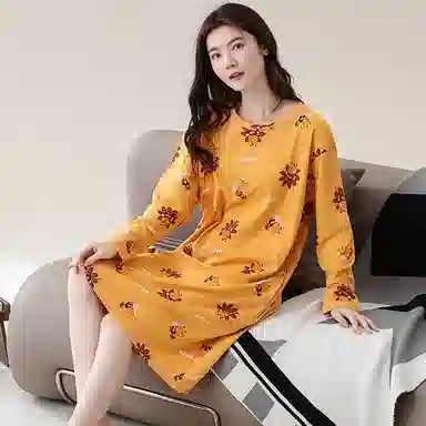 歌倩雅 纯棉长袖可外穿韩版中长款睡裙 女款 黄色