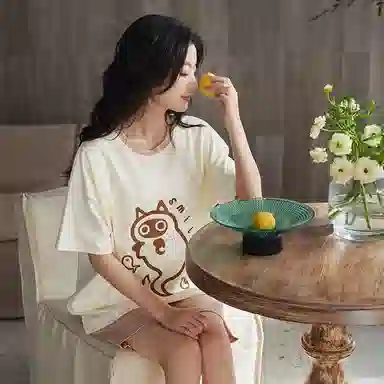 歌倩雅 短袖薄款可外穿圆领睡衣套装 女款 米白色