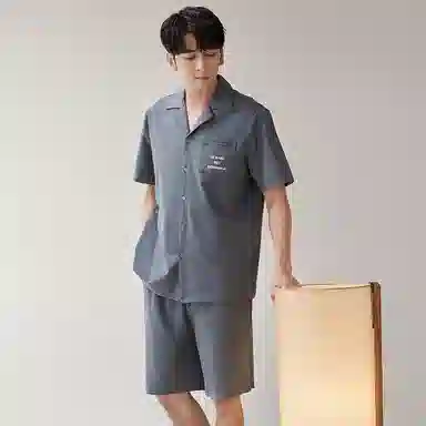 歌倩雅 纯色休闲短袖翻领上衣松紧腰短裤睡衣套装 男款 灰色