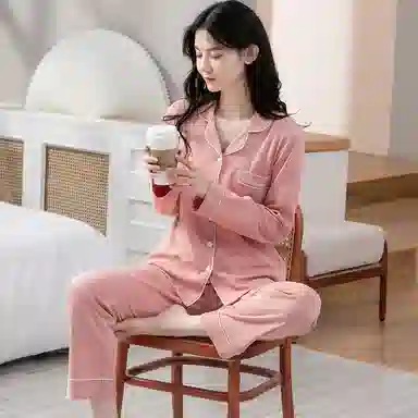 歌倩雅 纯色休闲舒适长袖长裤开衫睡衣套装 女款 豆沙色