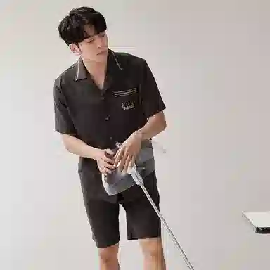 歌倩雅 纯色翻领短袖上衣松紧腰短裤简约睡衣套装 男款 深灰色