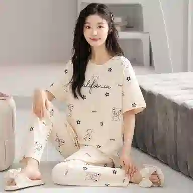 歌倩雅 套头圆领短袖透气家居服长裤睡衣套装 女款 杏色