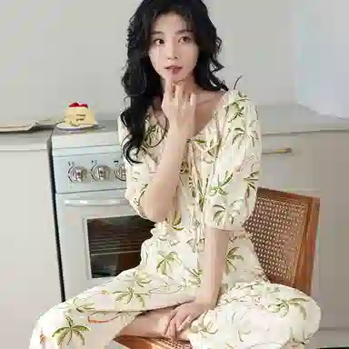 歌倩雅 甜美时尚圆领短袖上衣松紧腰长裤睡衣套装 女款 杏色