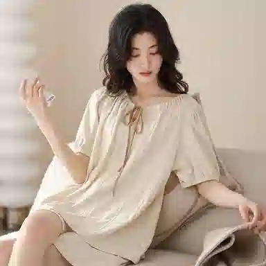 歌倩雅 纯色休闲圆领短袖松紧腰短裤睡衣套装 女款 杏色