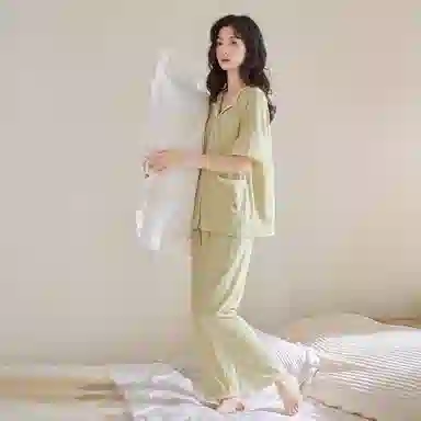 歌倩雅 简约柔软舒适短袖长裤可外穿睡衣套装 女款