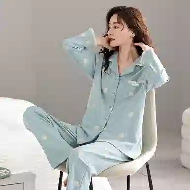 歌倩雅 简约舒适亲肤宽松翻领开衫长袖长裤可外穿睡衣套装 女款 蓝色