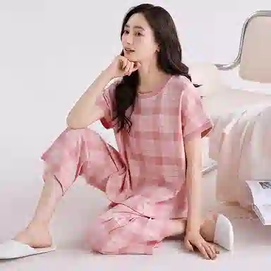 歌倩雅 休闲简约舒适透气短袖七分裤睡衣套装 女款 粉色