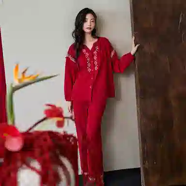 歌倩雅 秋季中式国风印花本命年家居睡衣礼盒 女款 红色