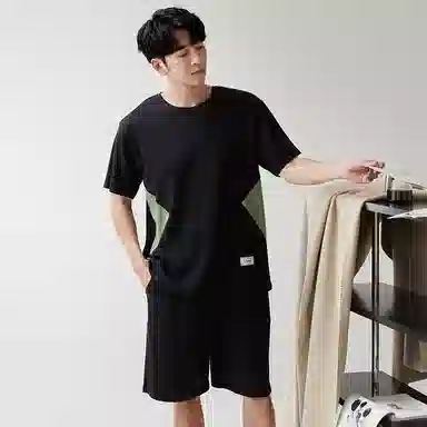歌倩雅 宽松圆领套头短袖睡衣套装 男款 黑色