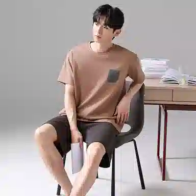 歌倩雅 纯色圆领短袖五分裤运动风睡衣套装 男款 棕色