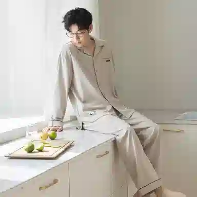 歌倩雅 熊猫印花贴袋古巴领长袖长裤可外穿睡衣套装 男款