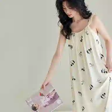 歌倩雅 凉感型薄款甜美可爱熊猫无袖睡裙 女款 白色