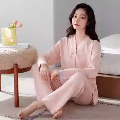 歌倩雅 时尚高级感国风舒适长袖长裤睡衣套装 女款 粉色