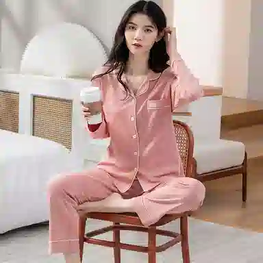 歌倩雅 纯色休闲舒适长袖长裤开衫睡衣套装 女款 豆沙色