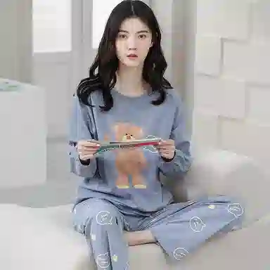 歌倩雅 纯棉长袖可爱小熊简约舒适睡衣套装 女款 图色