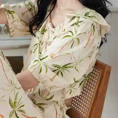 歌倩雅 甜美时尚圆领短袖上衣松紧腰长裤睡衣套装 女款 杏色