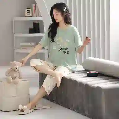 歌倩雅 纯棉短袖七分裤高级感加大码家居服睡衣套装 女款 图色
