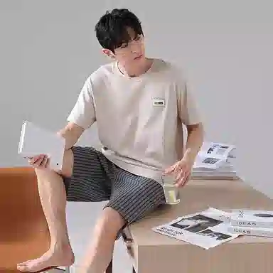 歌倩雅 薄款休闲舒适短袖五分裤可外穿睡衣套装 男款 图色