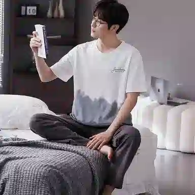 歌倩雅 撞色字母印花圆领上衣纯色透气裤子睡衣套装 男款 白色