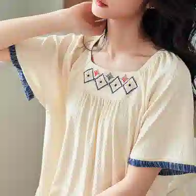 歌倩雅 凉感舒适短袖亲肤休闲三分裤睡衣套装 女款 米白色