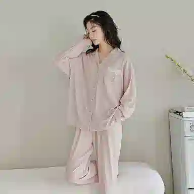 歌倩雅 简约单排扣休闲长袖上衣松紧腰直筒长裤睡衣套装 女款 粉色