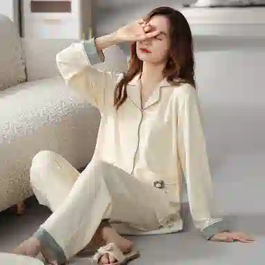歌倩雅 纯棉长袖开衫立体小花睡衣套装 女款 杏色