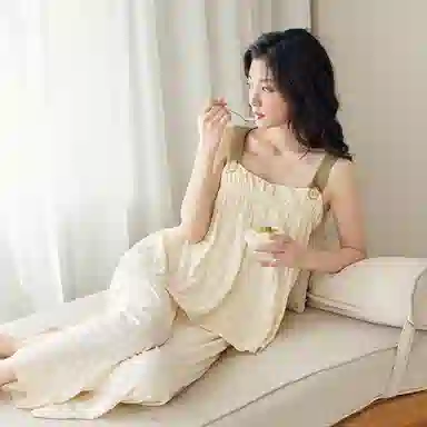 歌倩雅 纯色无袖上衣松紧腰长裤睡衣套装 女款 杏色